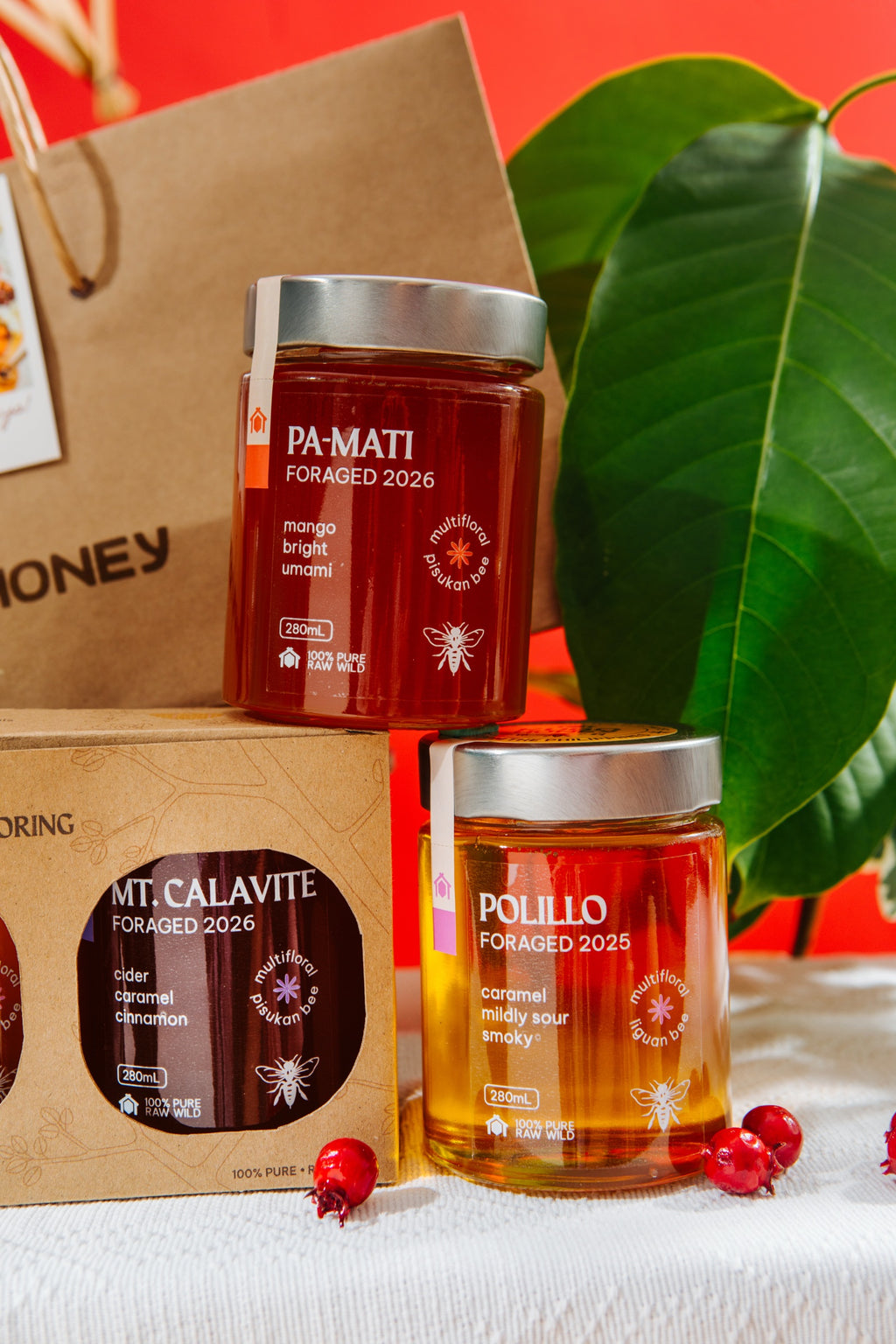 Close-up of Pa-Mati, Mt. Calavite and Polillo 280mL jars from the Hapag Set, Light Honeys
