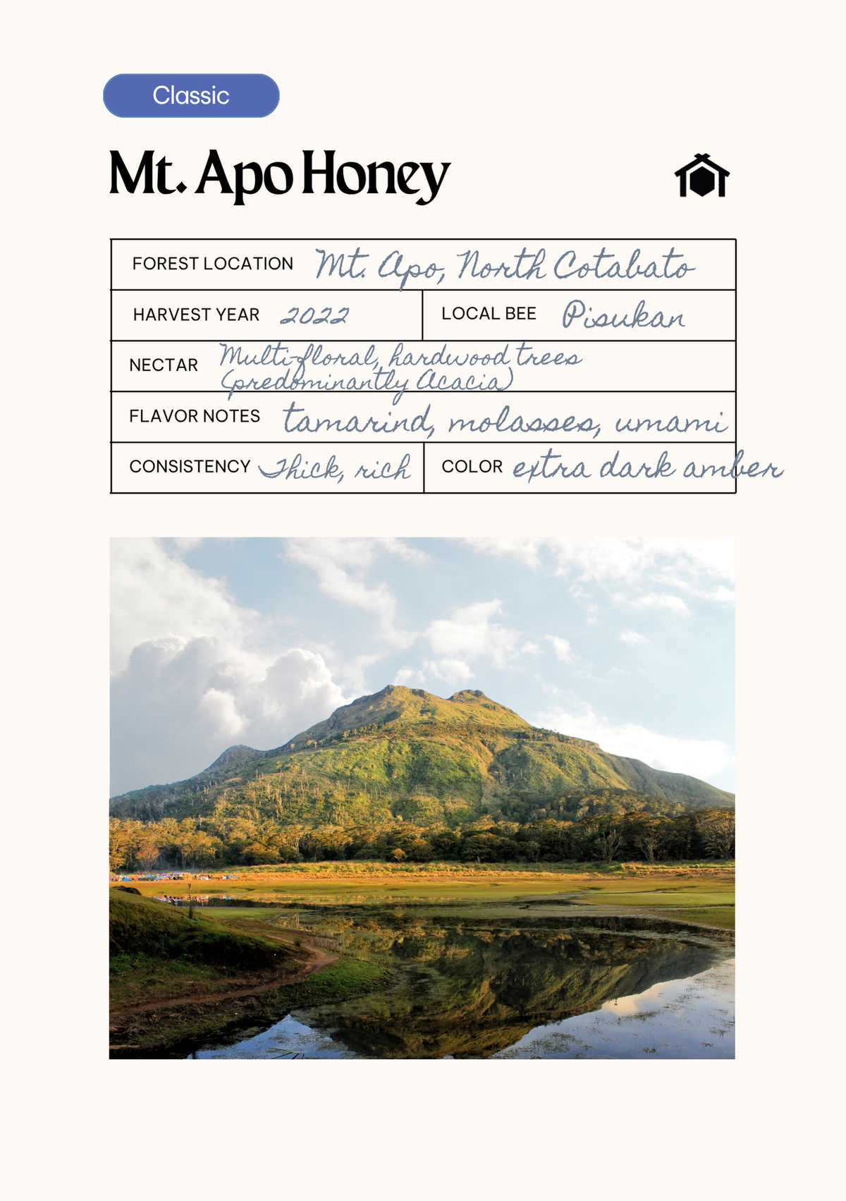 Mt. Apo Honey field card. Forest location: Mt. Apo, North Cotabato. Harvest year: 2022. Local bee: Pisukan. Nectar: multi-floral, hardwood trees (predominantly Acacia). Flavor notes: tamarind, molasses, umami. Consistency: thick, rich. Color: extra dark amber.