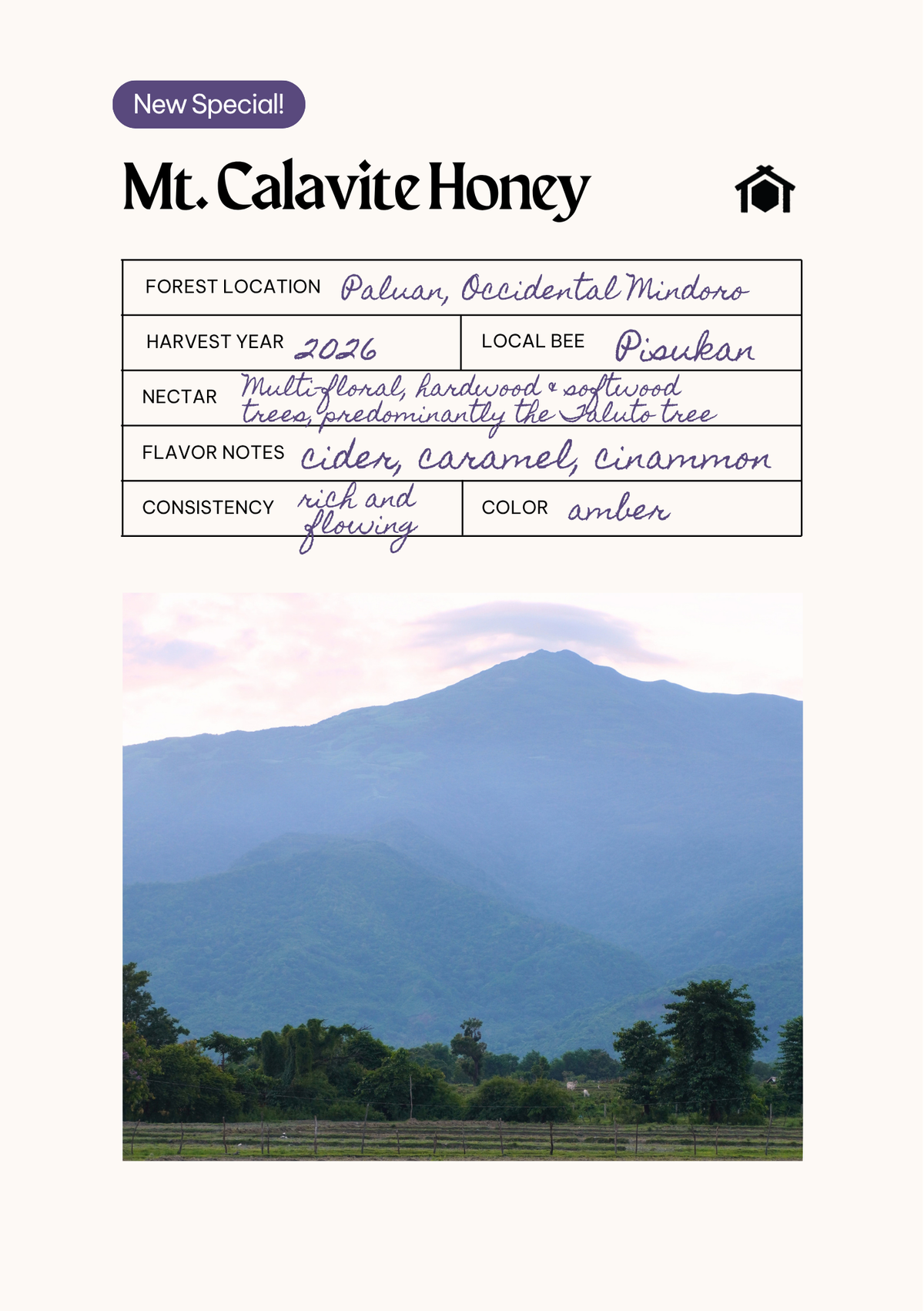 Mt. Calavite Honey field card. Forest location: Paluan, Occidental Mindoro. Harvest year: 2026. Local bee: Pisukan. Nectar: multi-floral, hardwood and softwood trees, predominantly the Taluto tree. Flavor notes: cider, caramel, cinnamon. Consistency: rich and flowing. Color: amber.