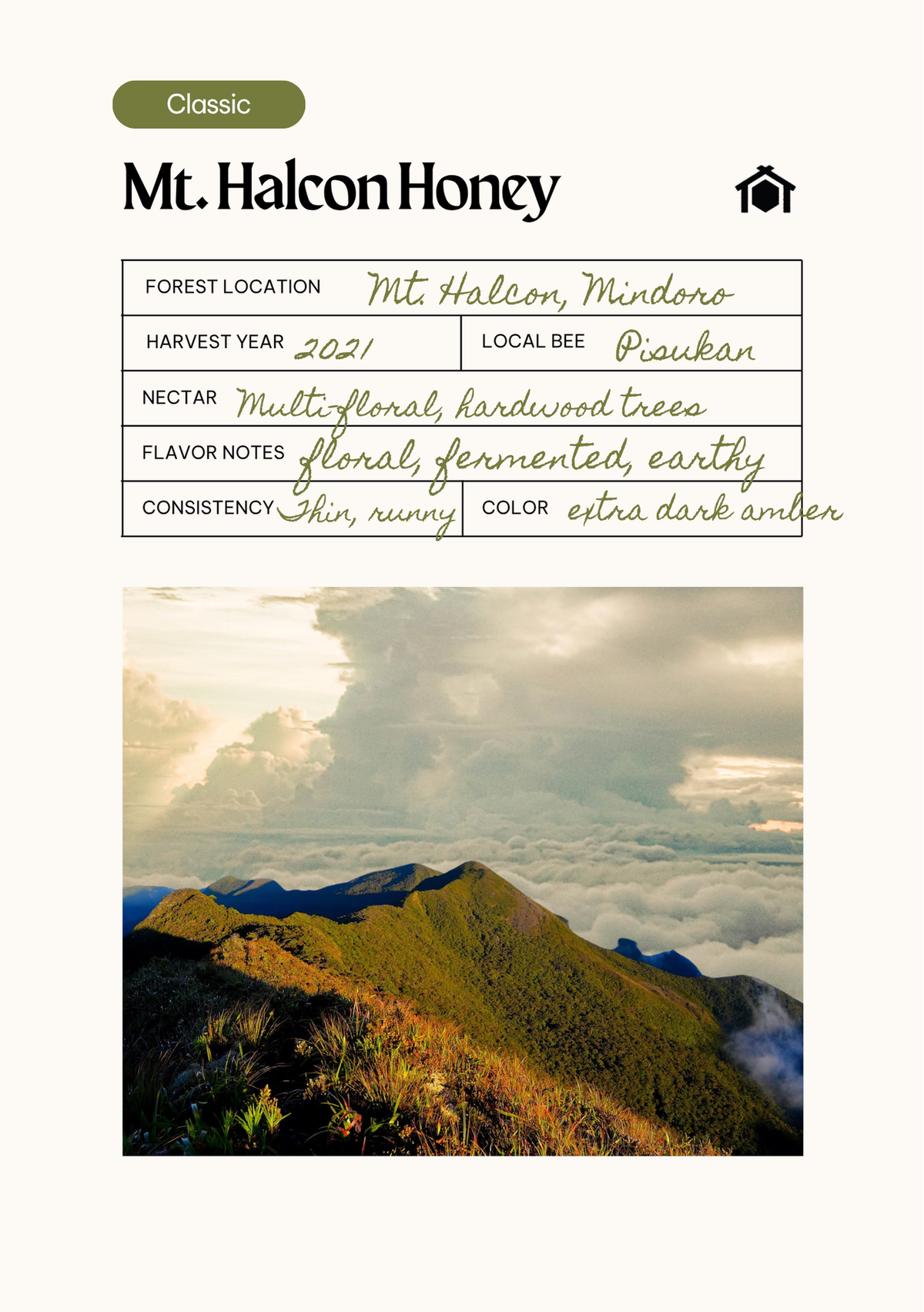 Mt. Halcon Honey field card. Forest location: Mt. Halcon, Mindoro. Harvest year: 2021. Local bee: Pisukan. Nectar: multi-floral, hardwood trees. Flavor notes: floral, fermented, earthy. Consistency: thin, runny. Color: extra dark amber.