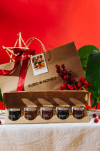Tasting Set of five 35mL honeys in Kubo Honey holiday gift packaging, with a paper bag, ribbon and gift tag