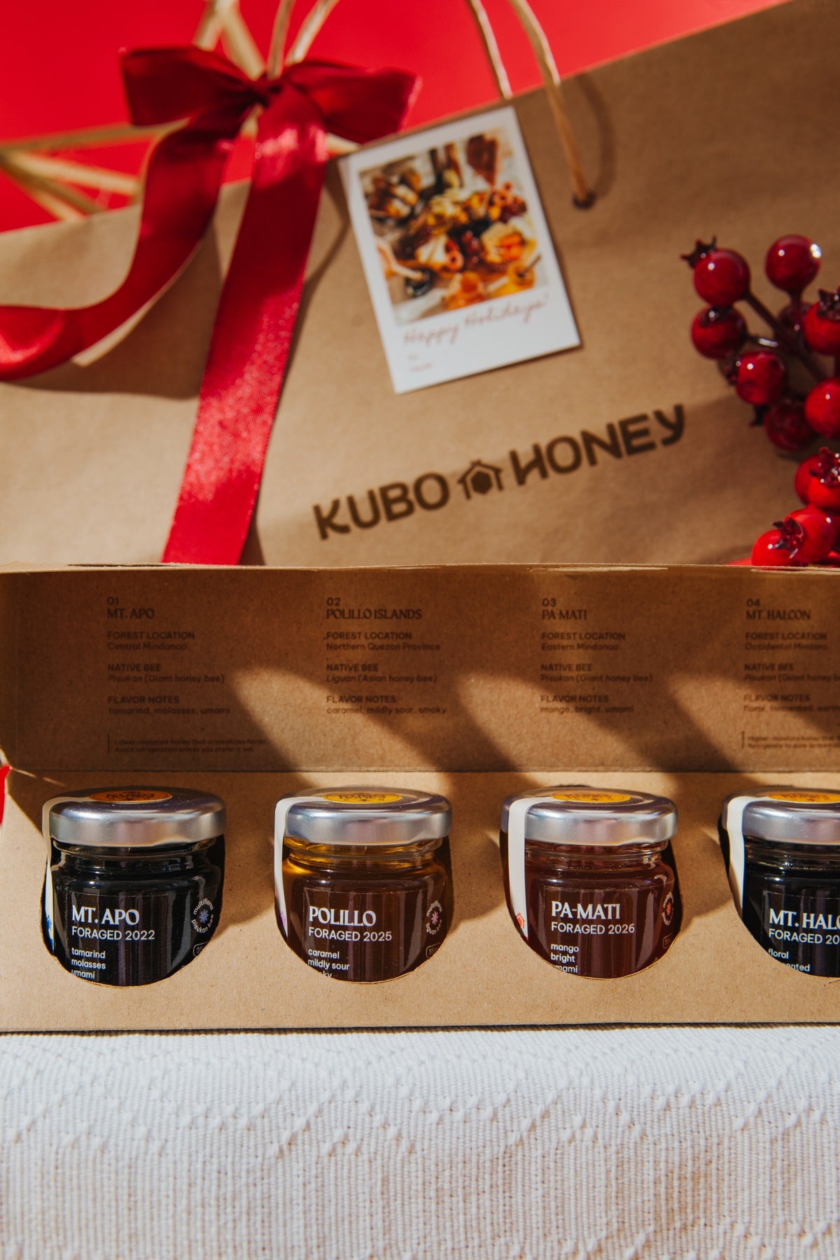 Tasting Set box opened, showing the five 35mL jars and tasting notes
